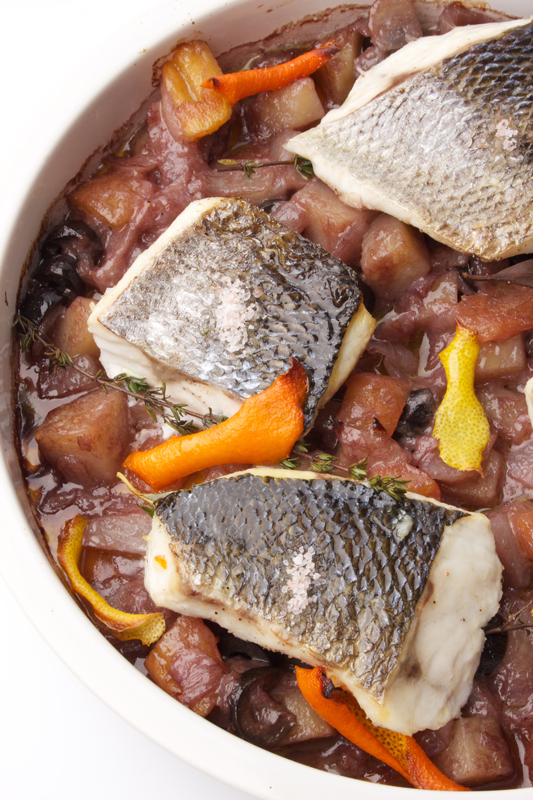 Oven Baked Sea Bass With Tomato, Potato And Olives Gastronomixs