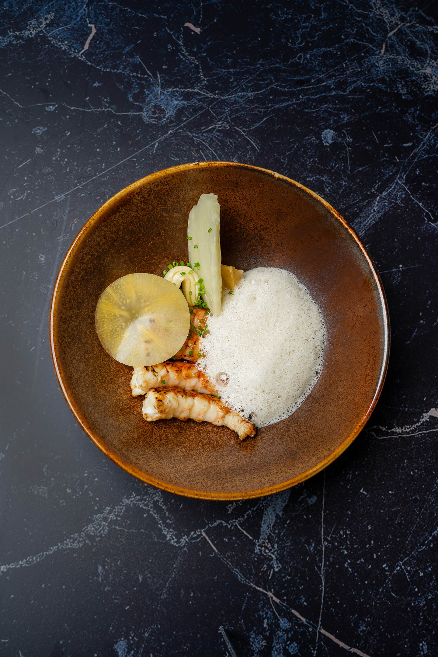 Argentijnse garnaal met warm gerookte venkel en langoustine velouté