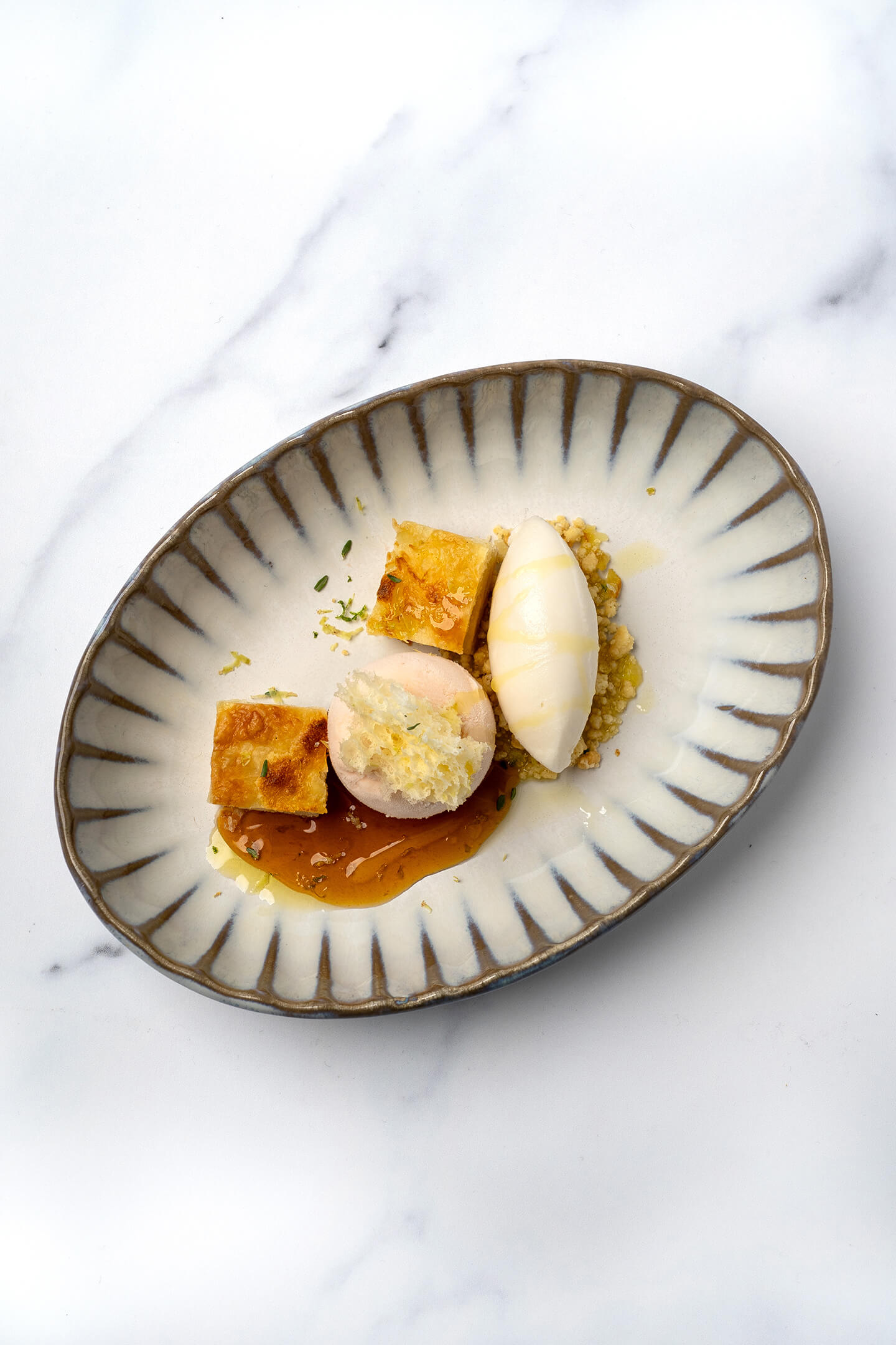 Dame blanche 2.0 with white peach semifreddo with cardamom