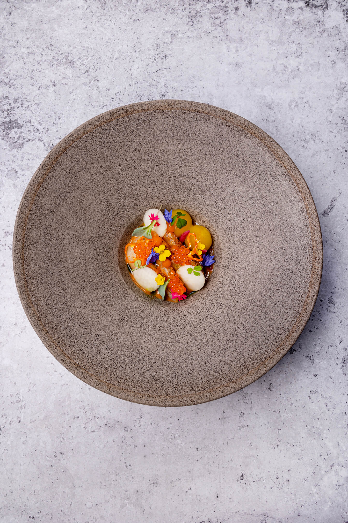 Red perch ceviche with sea buckthorn and tomato