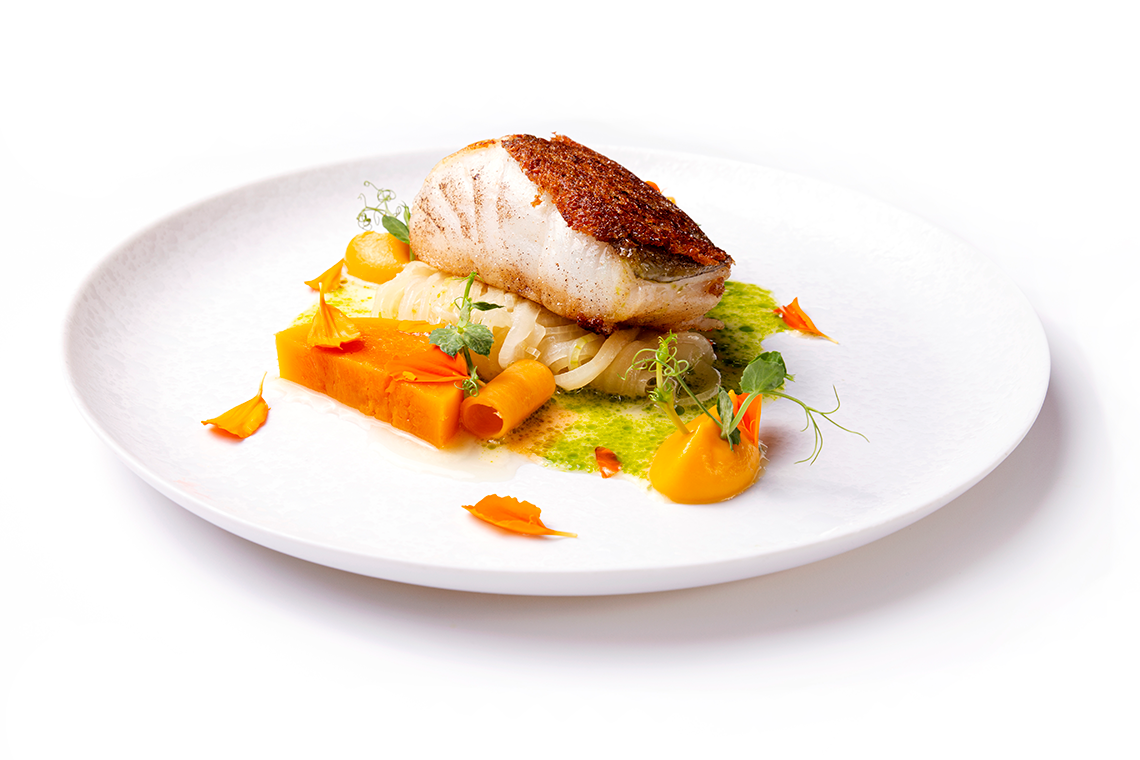Three butternut squash preparations with cod and onion noodles