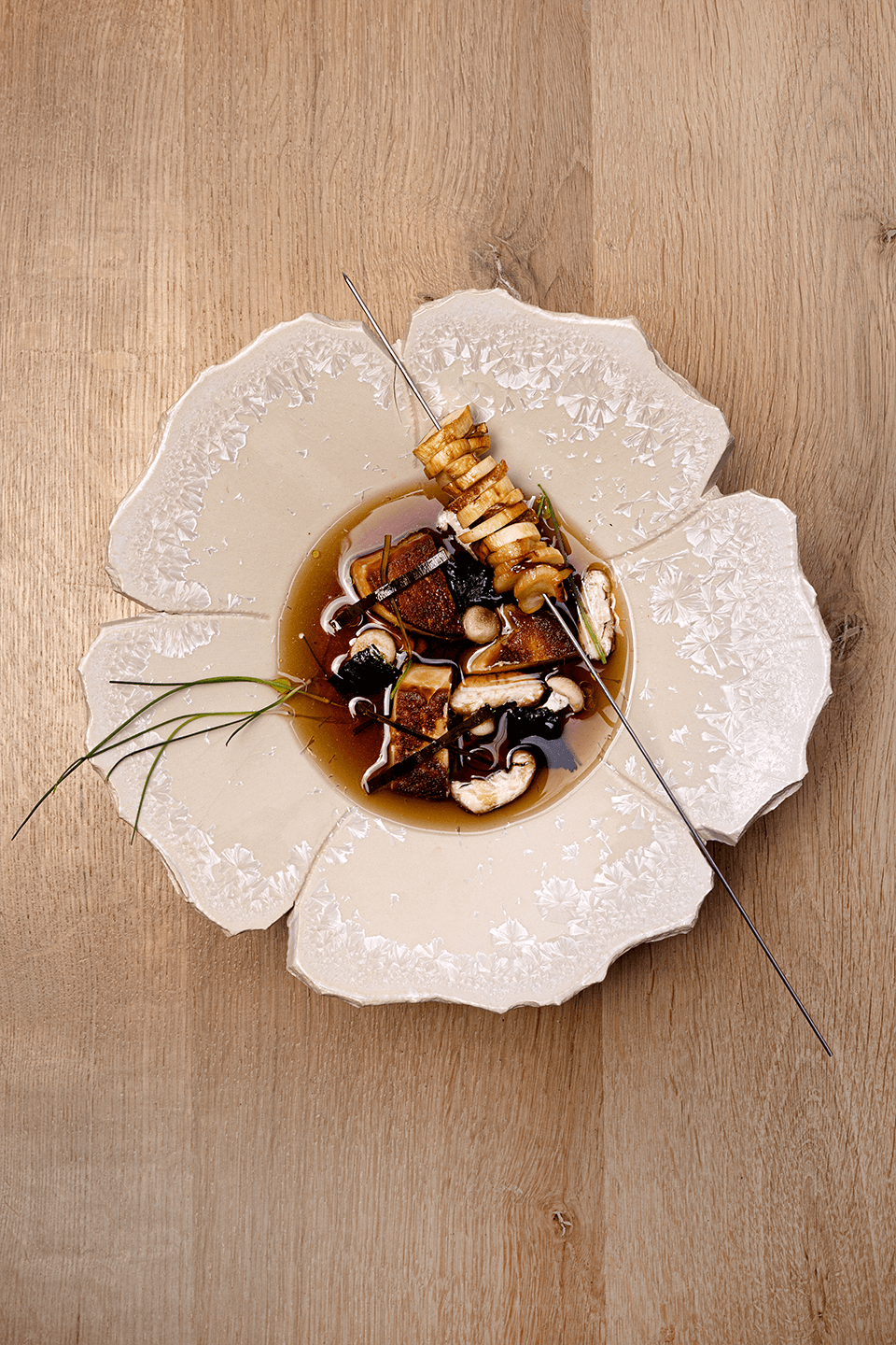 Fried foie gras with mushrooms and seaweed