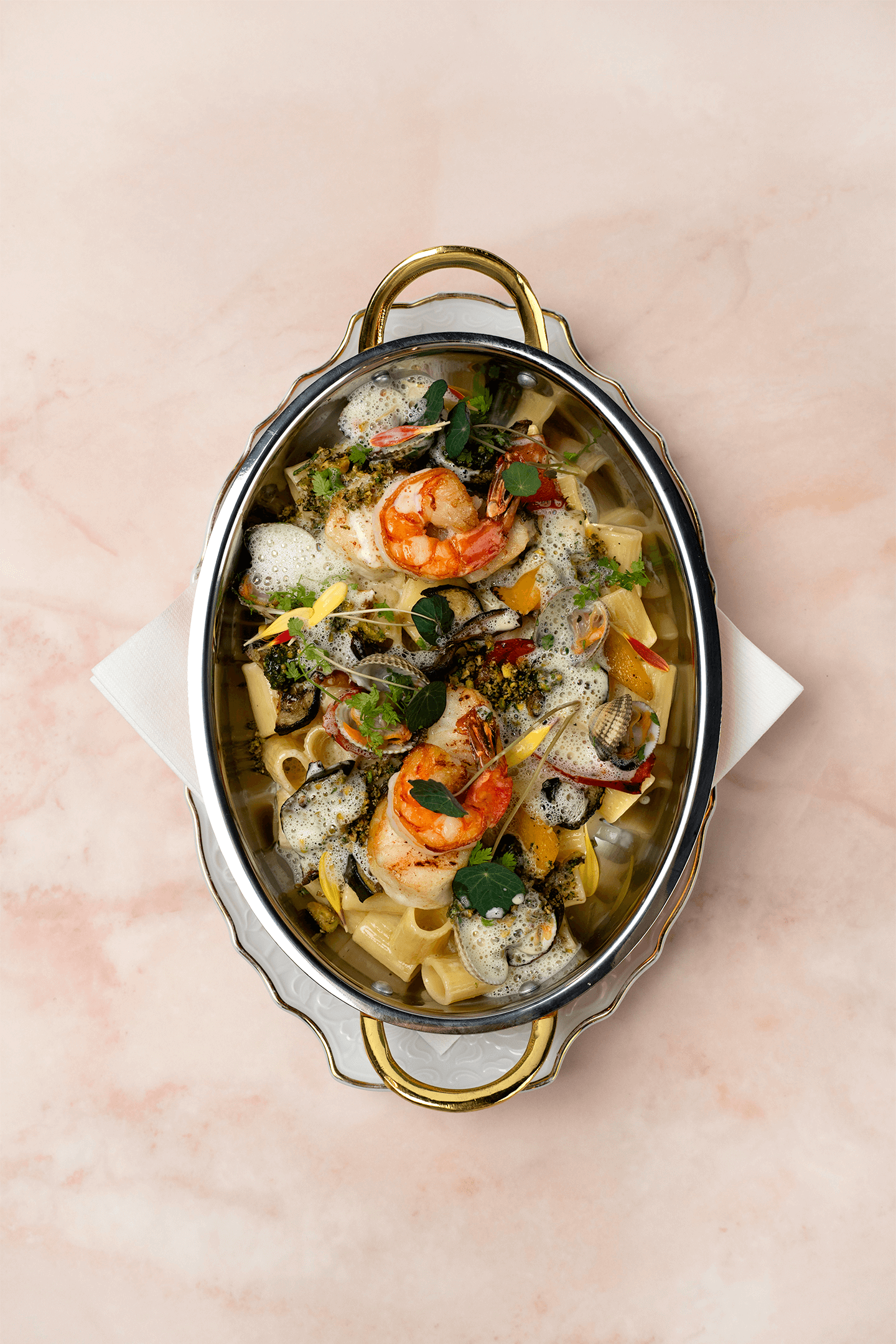 Rigatoni, grilled vegetables, cod, prawns, pistachio pesto and a fennel ...
