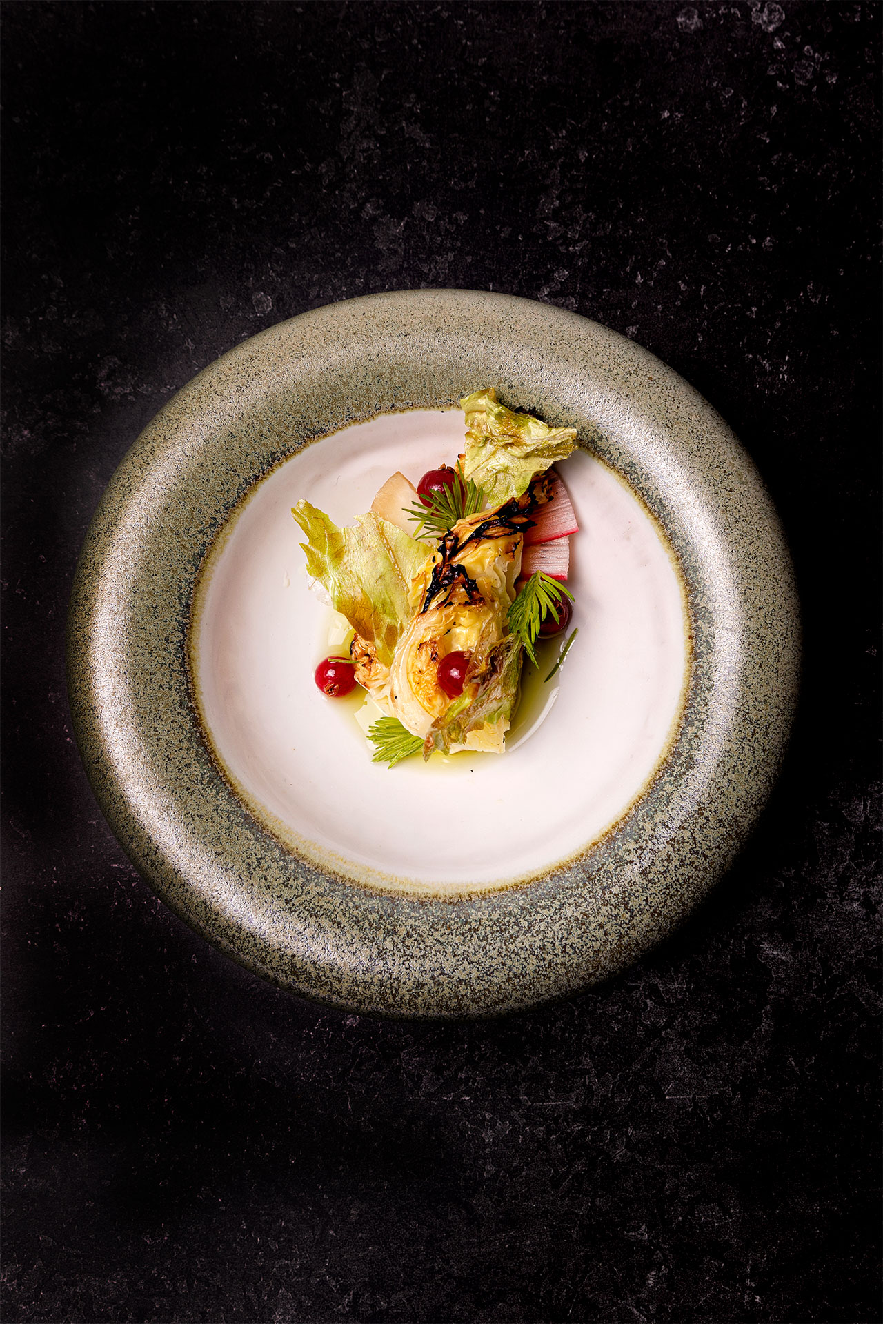 Oxheart cabbage cooked on a Kamado with redcurrant and preserved rhubarb