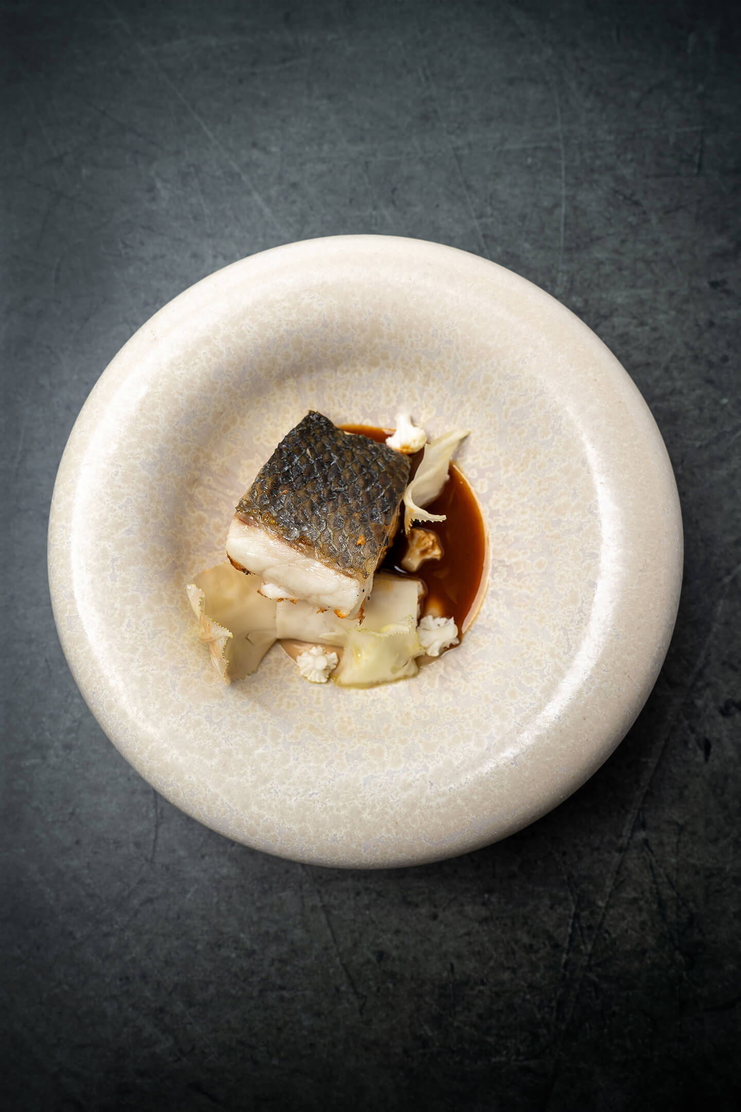 Sea bass from the konro with multiple cauliflower textures 