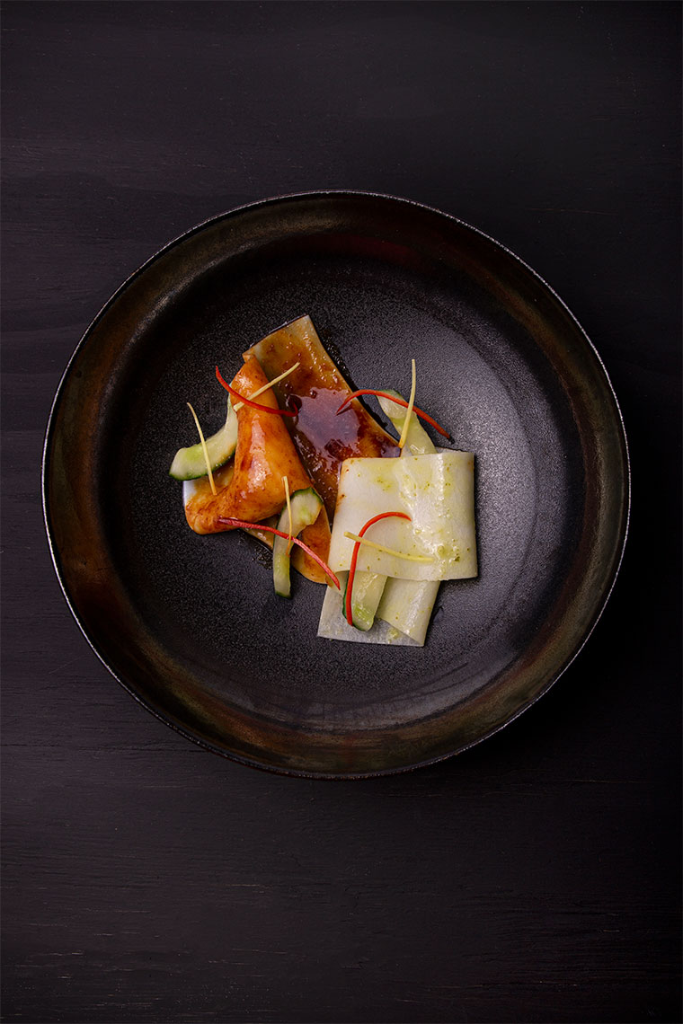 Carpaccio of squid, tsukémono of cucumber, daikon ribbons, and taré